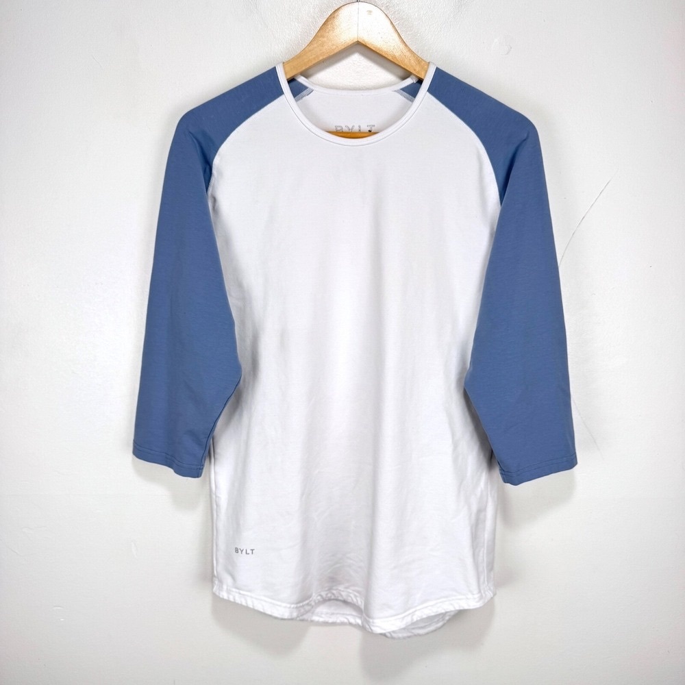 BYLT Basics Men’s Baseball Drop-Cut 3/4 Sleeve LUX Shirt | White & Blue | Medium